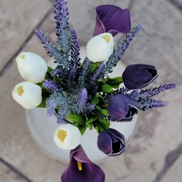 Purple White Calla Lilly Tulip Arrangement Flower Centerpiece Home Table Decor - Picture 3 of 5